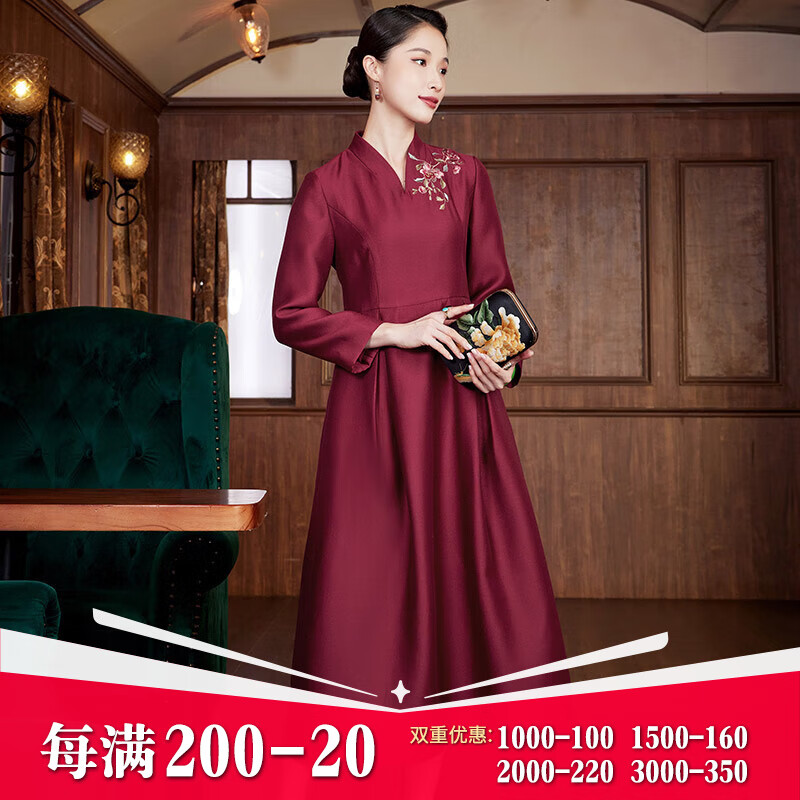 璽玥中國風經(jīng)典刺繡改良中式旗袍連衣裙紅色氣質(zhì)宴會晚禮服秋新款新年 酒紅色 3XL (體重135~145)