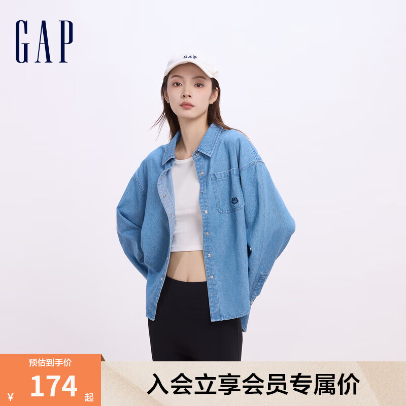 Gap女裝春秋純棉美式休閑牛仔襯衫時尚寬松外套645564 中度水洗 160/80A(S) 亞洲尺碼