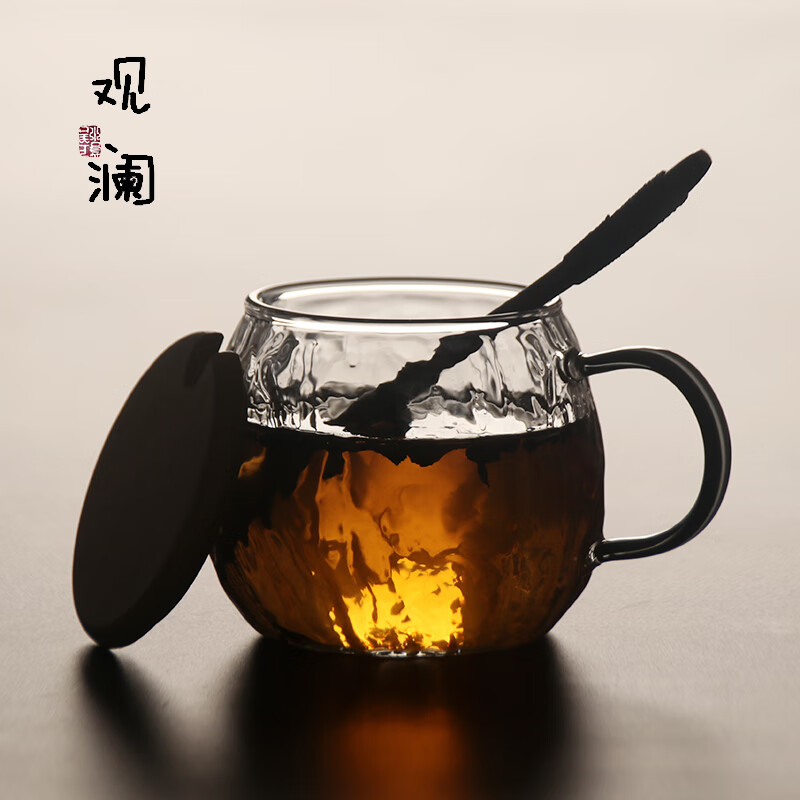 高颜值玻璃杯可加热牛奶果汁杯带盖把泡茶杯男女办公家用喝水杯子 树皮纹胖胖杯(水杯)