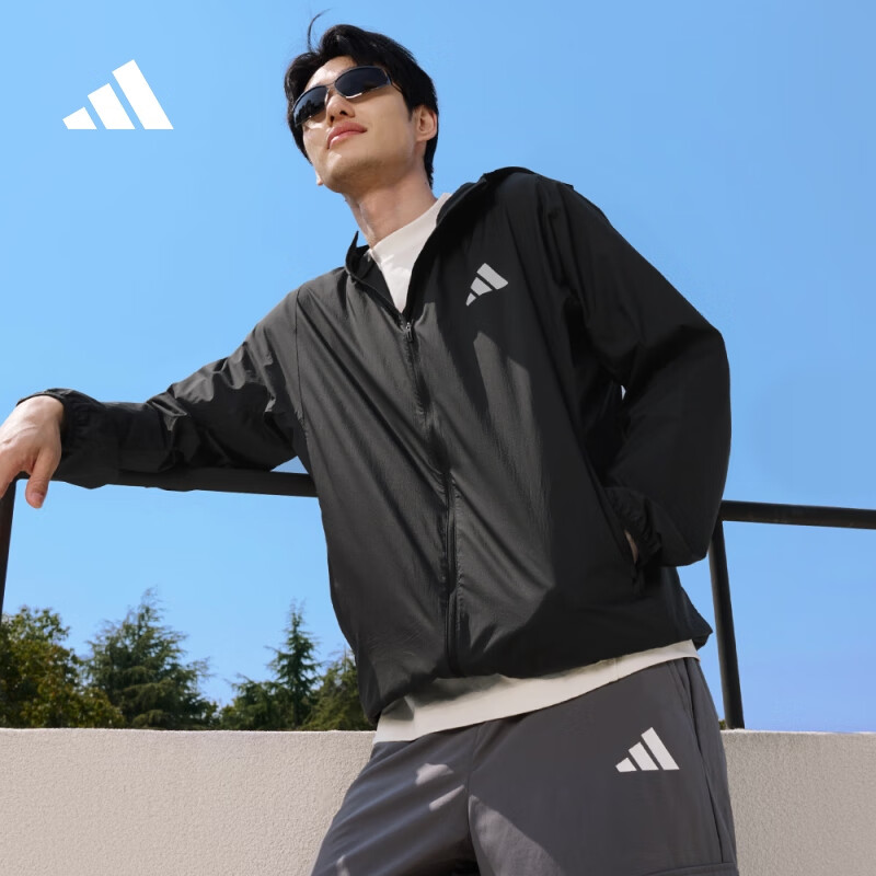adidas拒水防泼凉感防晒UPF50+连帽外套皮肤衣男女阿迪达斯轻运动   黑色   L