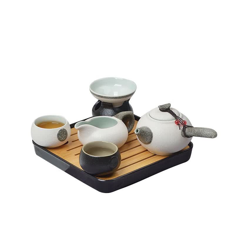 整套陶瓷家用一壶四杯小茶具套装快客旅行便携包茶盘店 中侧把黑白+茶盘+茶叶罐