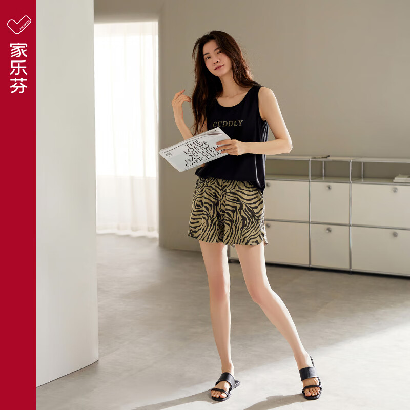 家乐芬带胸垫睡衣女士夏季夏天吊带背心短裤莫代尔家居服冰丝薄款 A824933B休闲黑【带胸垫】 M 码(体重90-110斤)