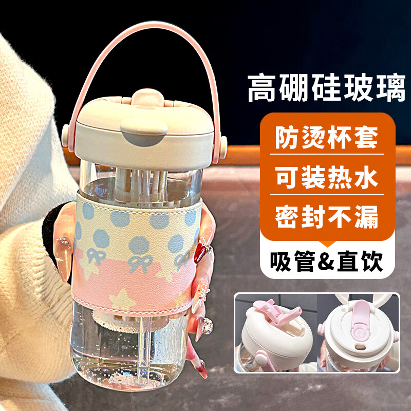 蒙福玻璃杯水杯女士吸管杯子学生高颜值办公室便携大容量隔热泡花茶杯 白色-620ml（吸管+直饮+杯套）
