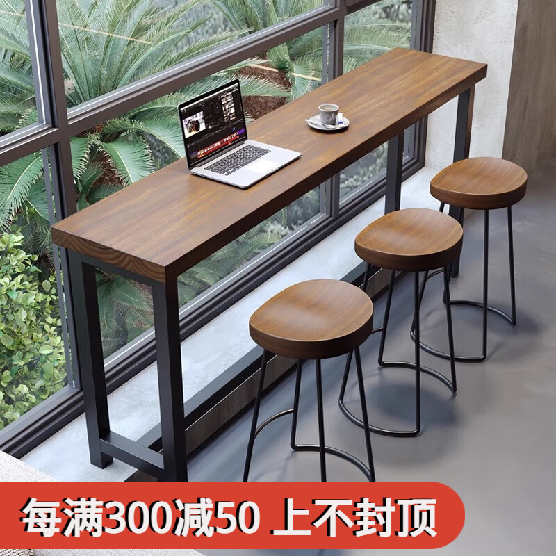 么本吧臺桌家用小長條商用靠墻咖啡高腳桌子實木奶茶店窄酒吧桌椅組合 長100寬40高105 厚度3CM