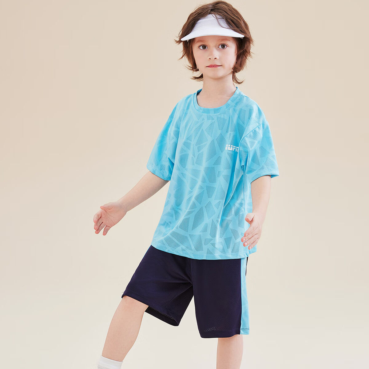 猫人（MiiOW）男童新款套装短袖速干儿童中大童凉感透气T恤五分裤两件套夏款 蓝色 120 【推荐体重30-35斤】