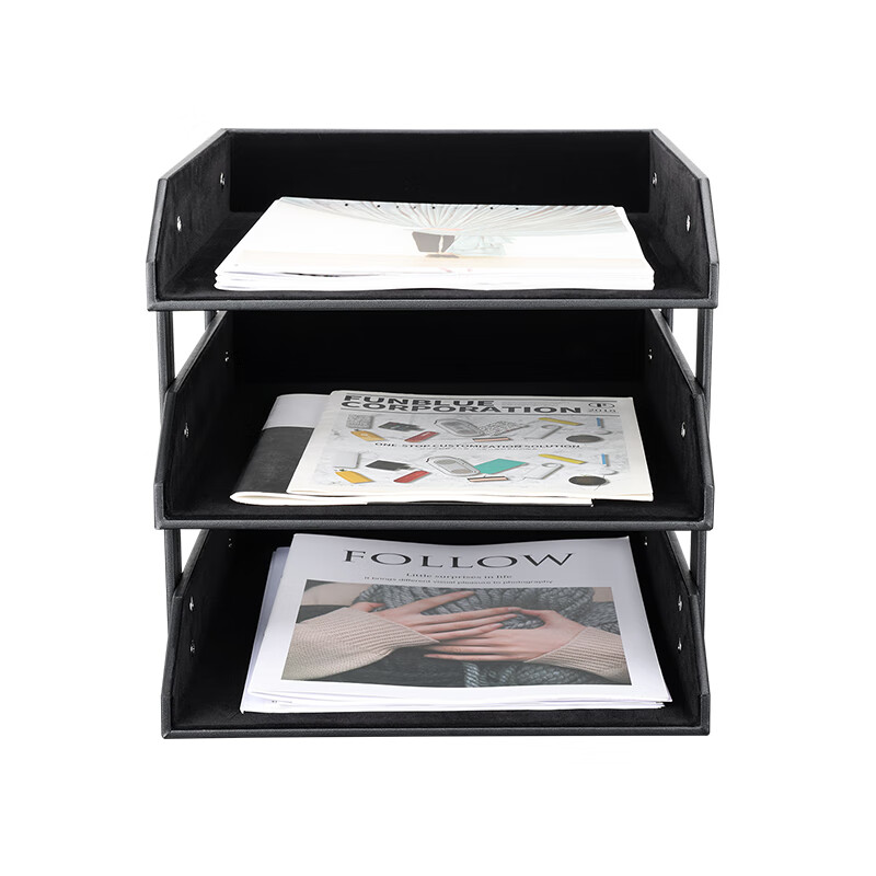 利蓝(LEADLAND)皮质文件架办公室桌上文件座置物架财务资料档案框文件收纳盘办公用品 【商务办公之选】黑色三层A272