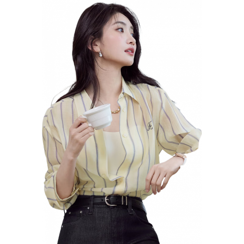 伊芙麗（eifini）伊芙麗基礎(chǔ)通勤百搭時尚顯白條紋黃色襯衫女2025春季新款粉色上衣 奶油黃 預(yù)售[4月22日]發(fā) S 80-110斤
