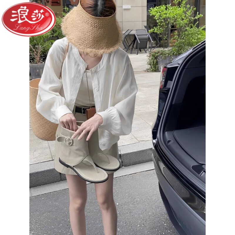 浪莎（LangSha）白色棉麻防晒衬衫女长袖夏款日系时尚气质短款开衫天丝上衣薄外套 白色 S