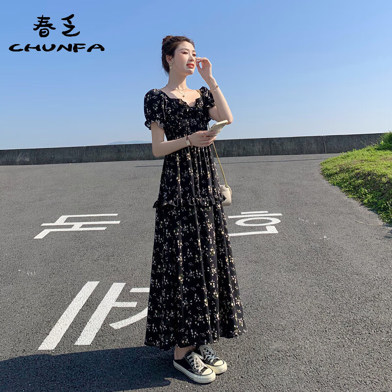 春乏2025夏季碎花吊带连衣裙女法式气质小个子雪纺a字感长裙子女 黑色短袖款 L 建议110-120斤