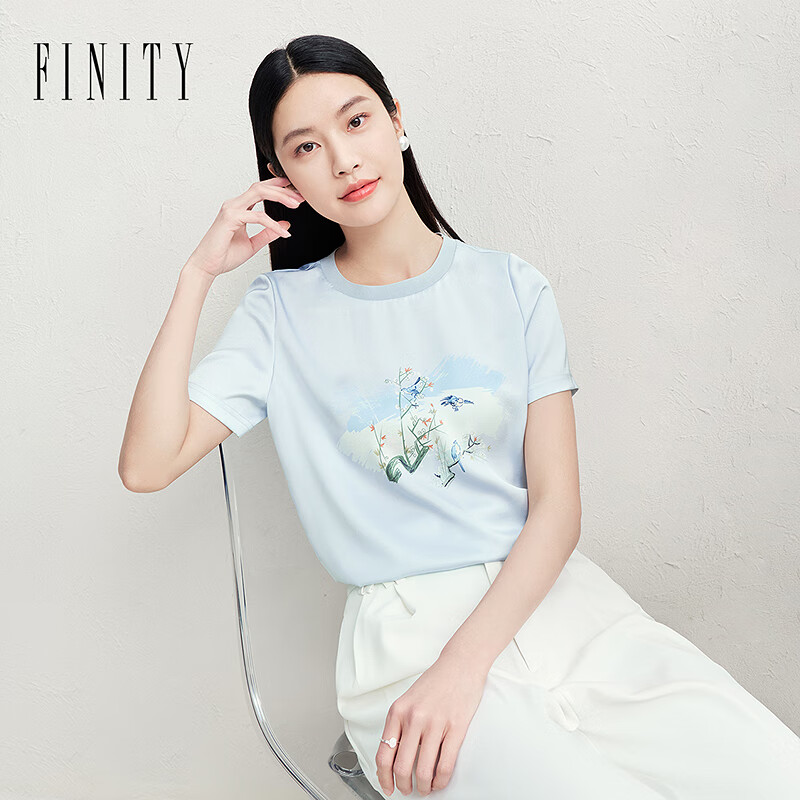 菲妮迪（FINITY）【新中式】T恤2025年夏新款国风水墨晕染百搭气质上衣女 浅蓝色 XL