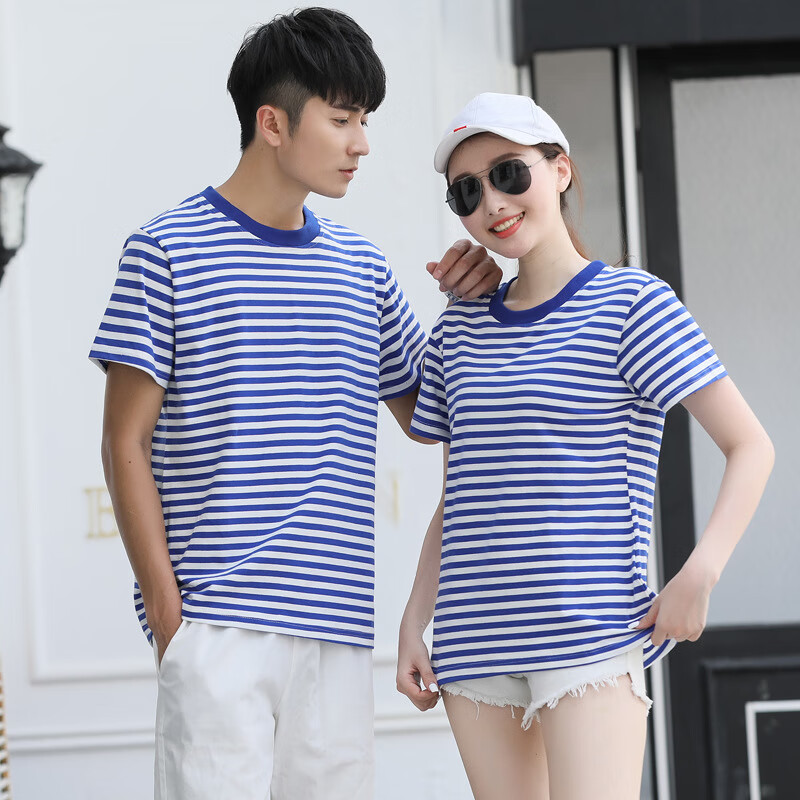朵迪雅尚（DUODIYASHANG）夏季短袖?；晟滥信閭Ht恤百搭上衣水手服海軍風(fēng)藍(lán)白條紋打底衫 女款藍(lán)白條紋短袖t恤 L 【120-130斤】