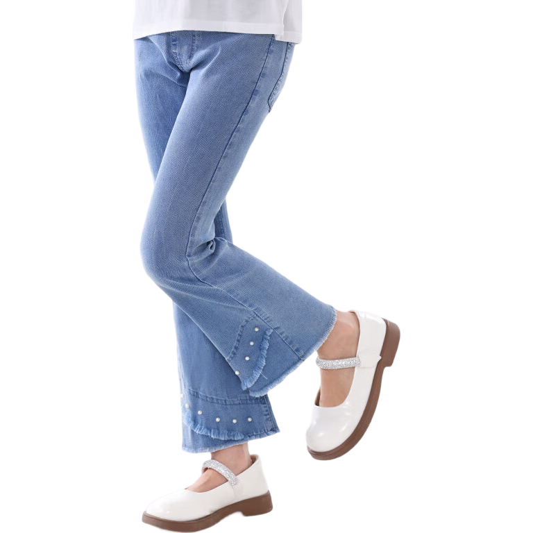 多妙屋女童褲子夏季薄款兒童牛仔防蚊喇叭褲中大童夏裝11912淺藍(lán)160