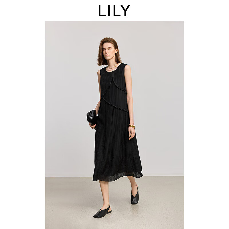 LILY2025夏新款女装莱赛尔混纺法式无袖木耳边肌理感背心裙连衣裙 510黑 S