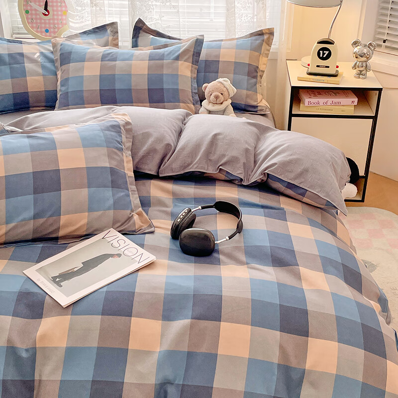 羽匠加厚磨毛小清新印花四件套学生宿舍套件家用床单柔软四件套秋冬季 千趣格 床单款 三件套（被套150*200cm）