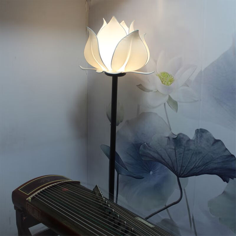 中式燈蓮花燈落地?zé)舳U意荷花燈臺(tái)燈古風(fēng)燈氛圍燈仿古佛堂燈中國風(fēng) 仿古燈架 白色荷花