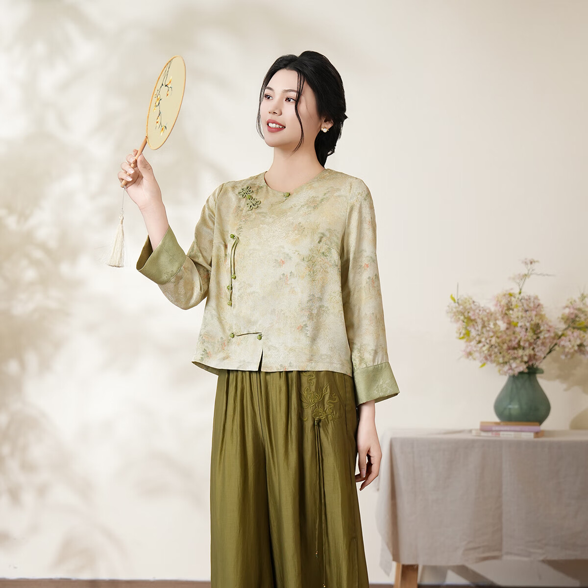 布符（Cloth Fu）布符2025年夏季新款花羅拼色圓領(lǐng)上衣手工盤扣寬松長(zhǎng)袖旗袍上衣 花羅拼色 2XL