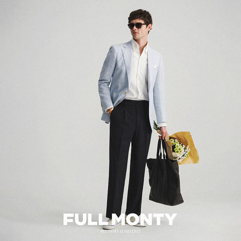 FULL MONTY【纯亚麻】新款西服外套男浅蓝色微纹理西装上衣春夏休闲轻薄单西 浅蓝色20037 48
