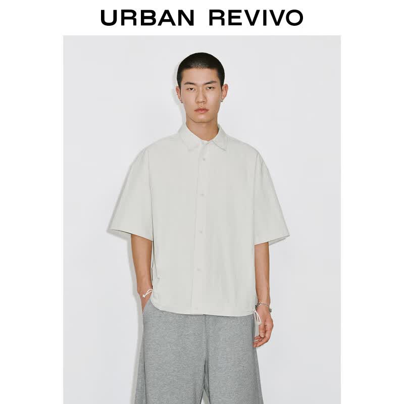 UR春季新款男装休闲轻通勤超宽松抽绳开襟衬衫UMY250015 暖灰 (偏宽松) S (XS-S)