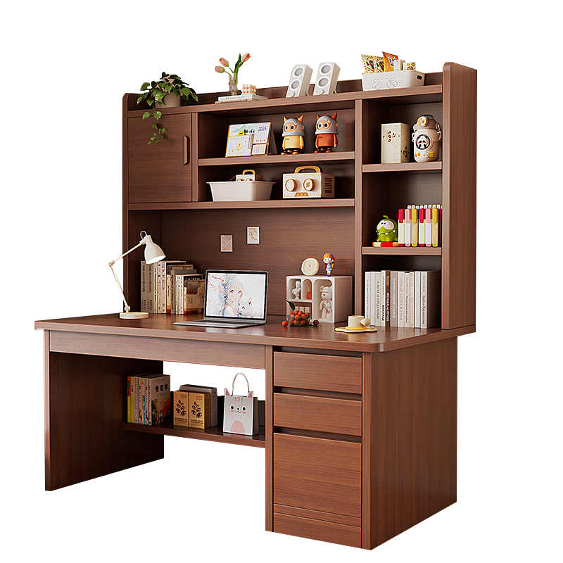 人文成家實木書桌學習桌家用臺式辦公書桌書架書柜一體寫字桌子臥室電腦桌 豪華胡桃色100cm 加厚實木芯板 組裝(自行安裝)