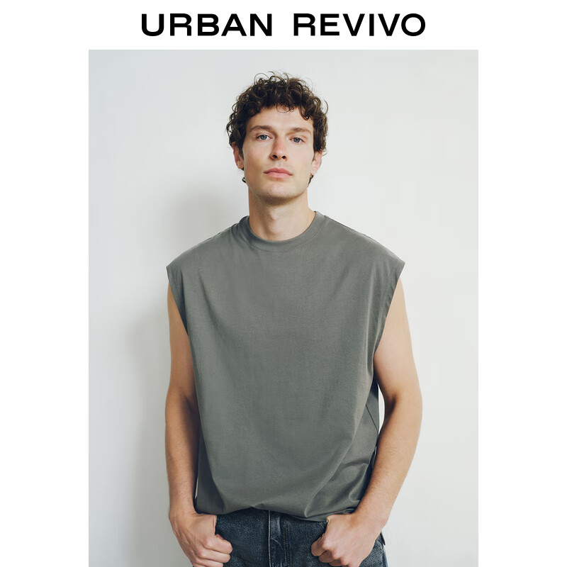UR夏季新款男装休闲纯色百搭宽松棉质圆领背心UMB450004 深绿 S