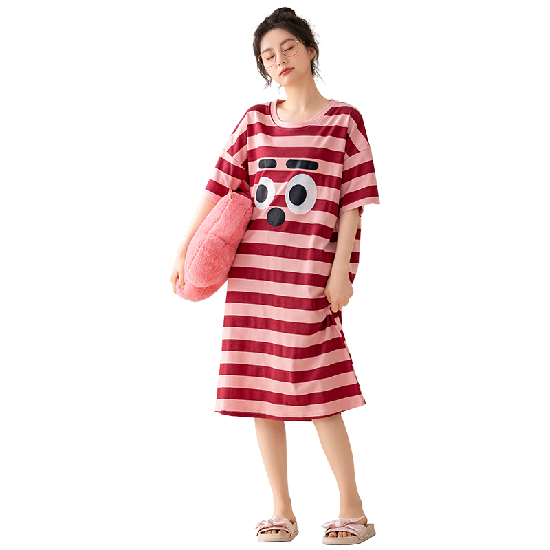 百亿补贴:芬腾可安(FENTENGCARE)【7A抑菌】睡裙女夏季纯棉短袖中长款夏天宽松条纹可外穿家居服Q475元