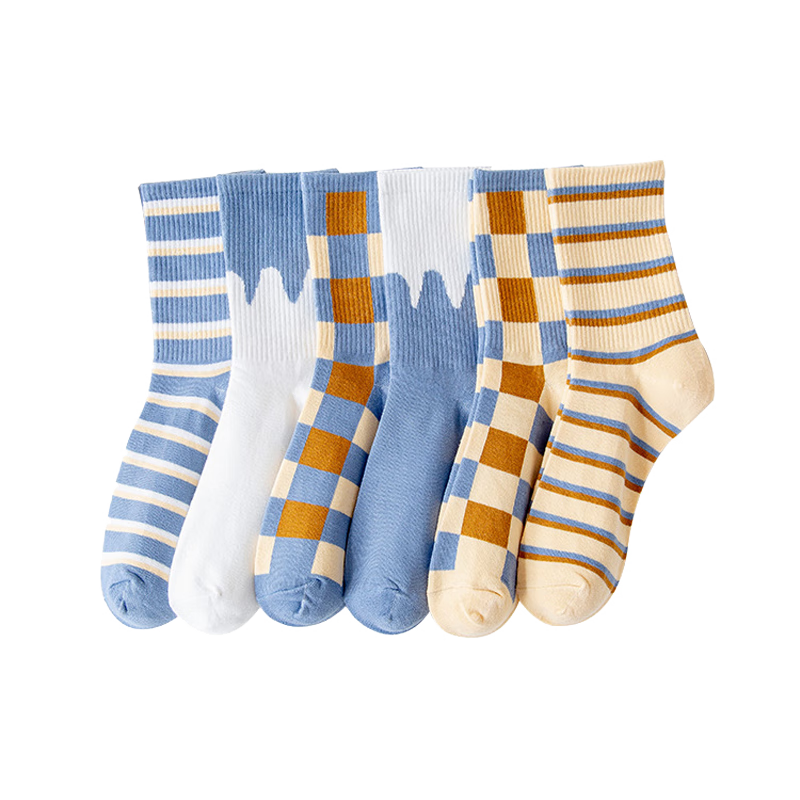 米大爷6双装袜子女秋冬季中筒袜女士休闲棉袜格子款女袜运动潮流长袜子 英伦格子款中筒女袜 均码