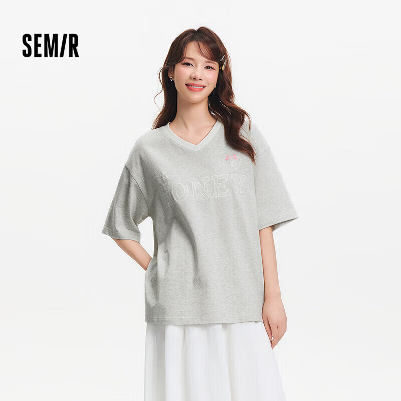 森马（Semir）短袖T恤女中长款V领蕾丝绣花2025夏oversize上衣气质109325100033