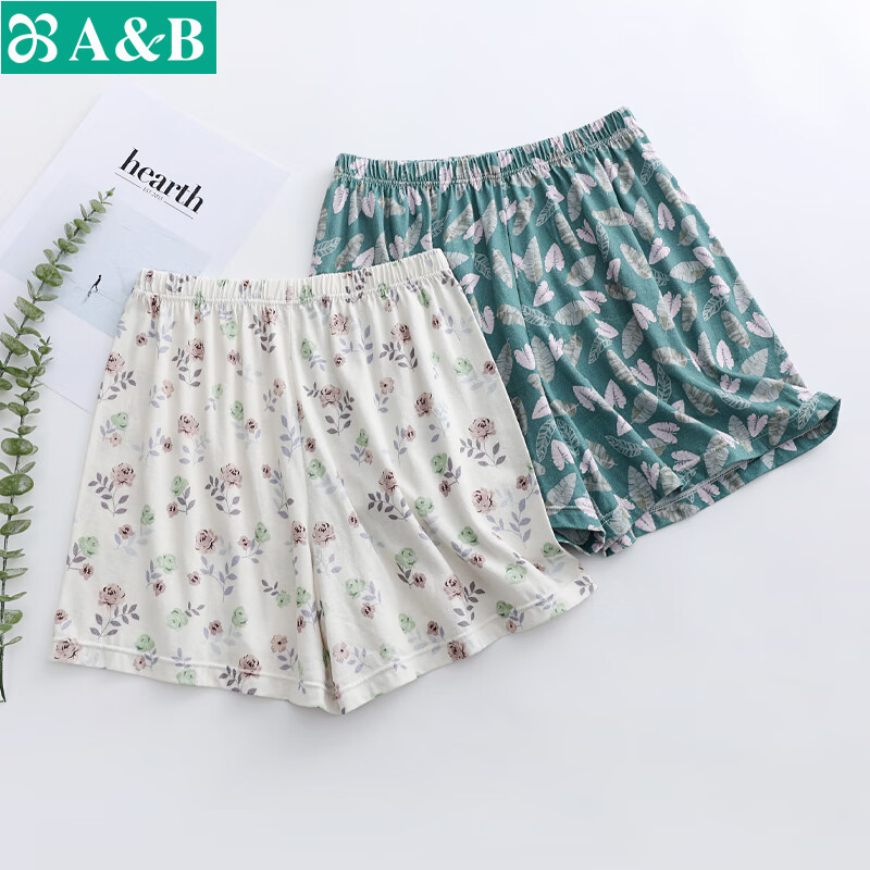 AB中老年夏季薄款纯棉短款印花柔软高腰睡裤家居裤短裤内衣裤子 石榴花 XL