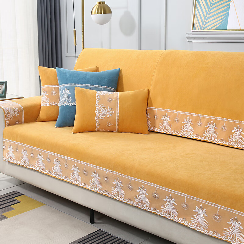 眷耐沙发垫四季通用防滑2026年新款雪尼尔坐贵妃一体开叉靠背通铺整张 相知橘黄-(雪尼尔) 130*180cm一面花边贵妃专用