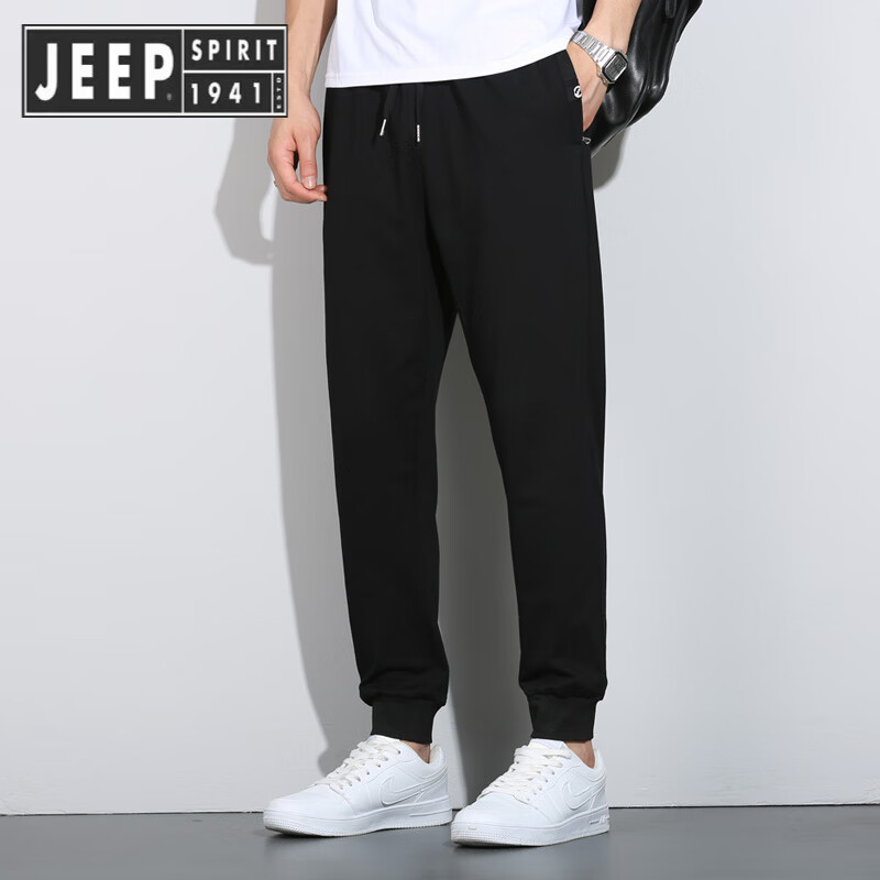 JEEP SPIRIT吉普纯棉夏季薄款裤子男士休闲卫裤宽松直筒春秋款运动裤男长裤 夏款907收口黑色 XL 120-135斤