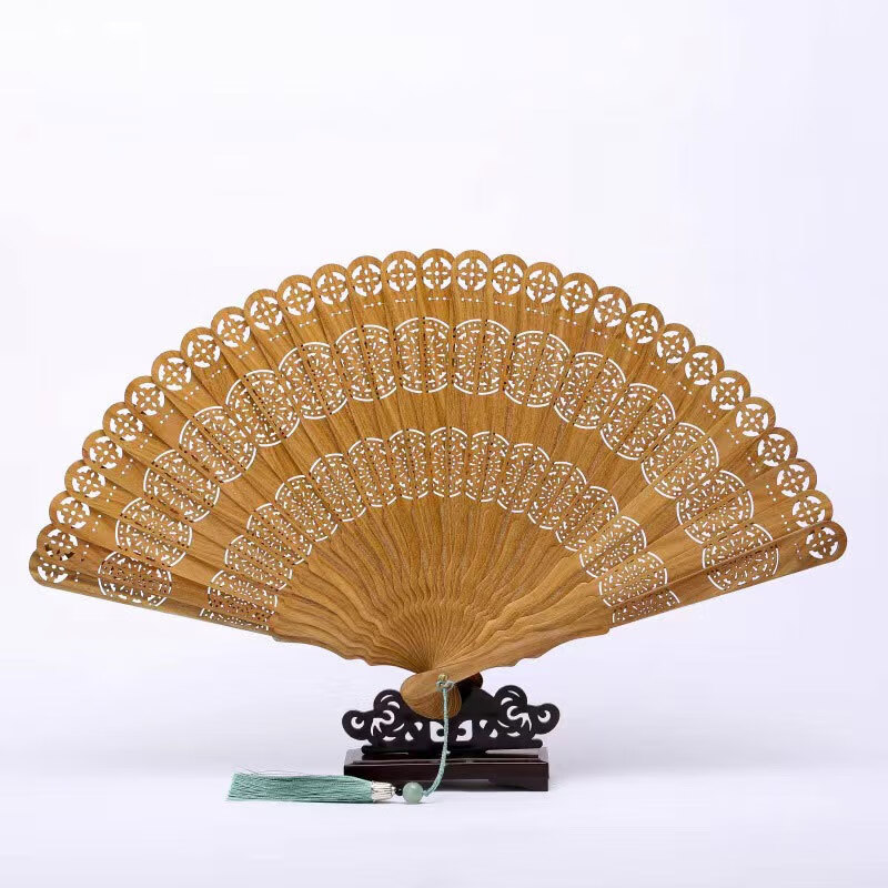 蘇州檀香扇扇子鏤空雕花蘇州扇子古風(fēng)折疊檀香木扇中國風(fēng)木扇檀香 價(jià)花好月圓綠檀香味永 22.5cm 扇子【無禮盒無扇袋】