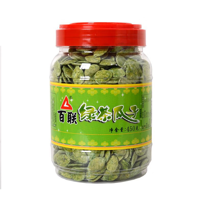 百聯(lián)綠茶味濃百聯(lián)瓜子450g綠茶味瓜子罐裝抹茶味南瓜子桶裝炒貨小 450g綠茶瓜子1罐【】