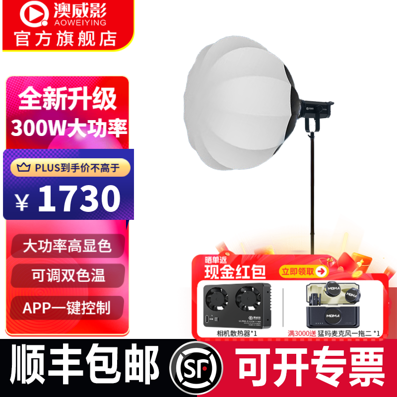 澳威影摄像灯常亮补光灯ZS-300BI LED视频直播摄影灯套装儿童拍照灯演播室摄像 ZS-300BI+球形柔光箱套装