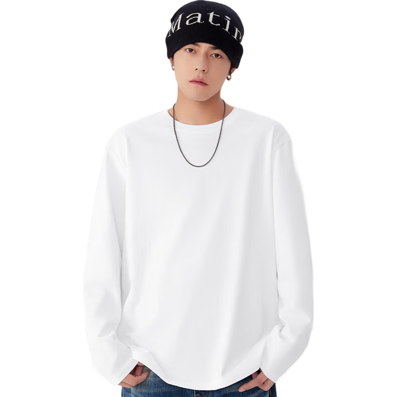 百亿补贴:名创优品纯棉长袖t恤男春秋季纯色圆领内搭衣服宽松休闲打底衫 白色 M49.7元