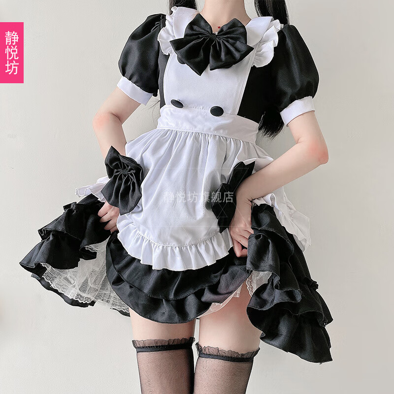 風(fēng)海有夏黑色暗黑系哥特風(fēng)女仆裝Lolita洋裝i洛麗塔蘿莉萌軟妹連衣裙女傭 黑色連衣裙+圍裙+頭飾+蝴蝶結(jié)*3 S