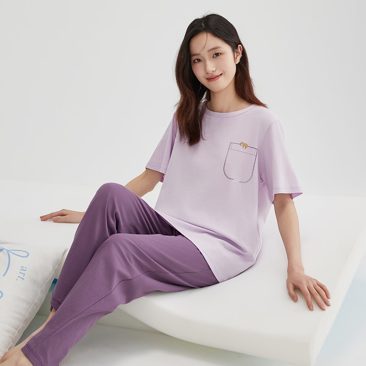顶瓜瓜顶呱呱睡衣女纯棉春夏短袖长裤可外穿家居服套装女西梅紫170