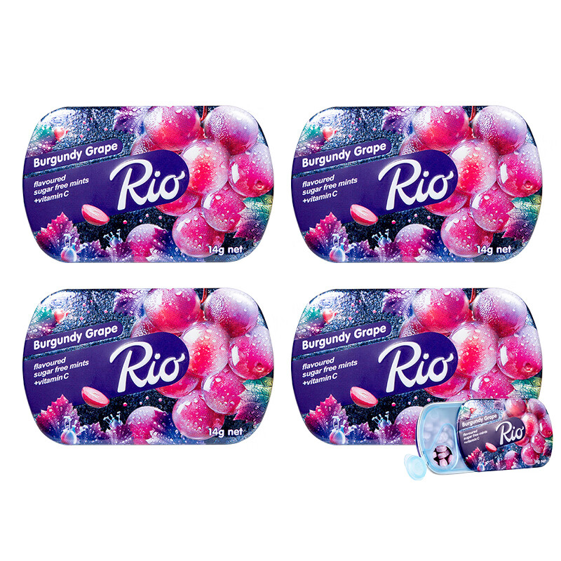 Rio 无糖薄荷糖 红葡萄味 14g*4盒 维生素C 约会清新口气 果味口香糖