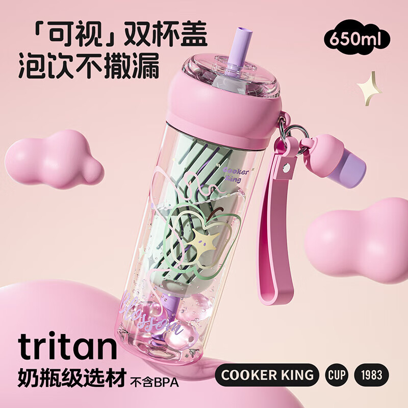 炊大皇水杯女高颜值吸管杯2025夏季大容量塑料tritan杯子650ml（Pink）