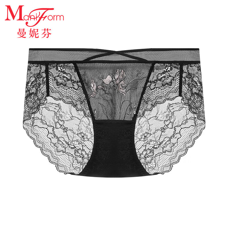 曼妮芬2025夏中腰低脚裤蕾丝边包臀女内裤 黑色 L (165)