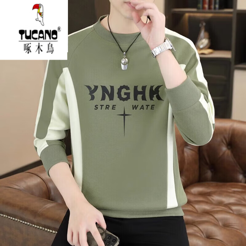 啄木鸟(TUCANO)T恤男春秋2025新款拼接撞色上衣服宽松潮流休闲圆领长袖t恤 2312白色 4XL(约165至180斤可穿)