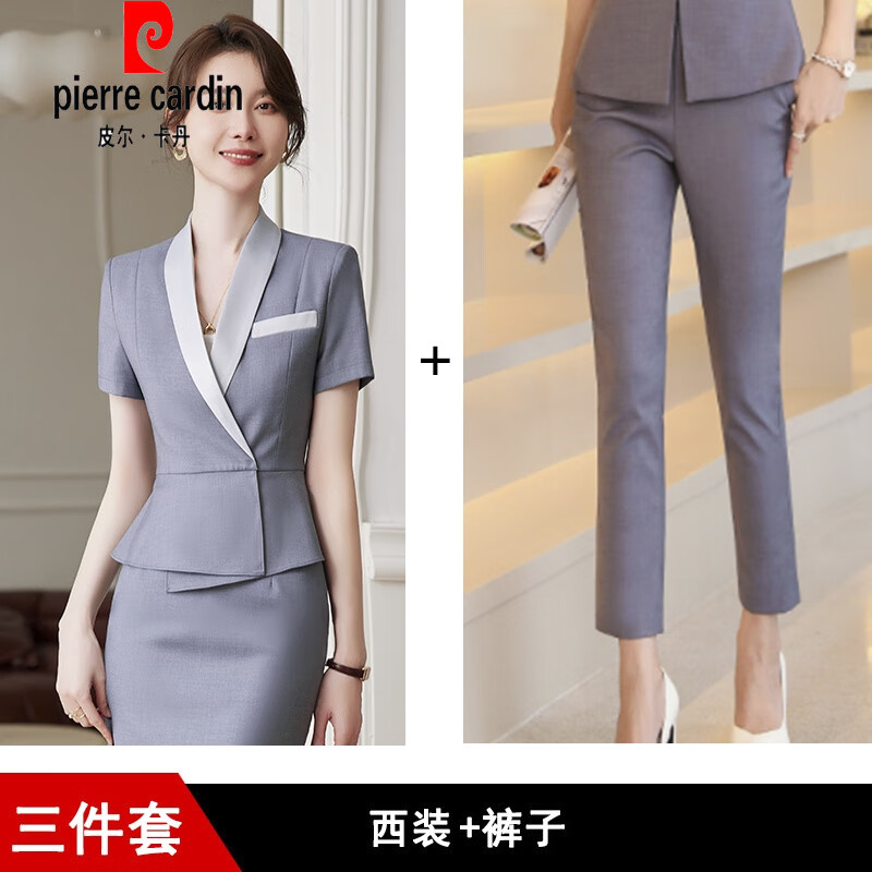 皮爾卡丹（pierre cardin）職業(yè)套裝女夏季新款短袖氣質(zhì)空姐范感美容師珠寶店工作服大版女裝 灰色短袖西裝+九分褲 M