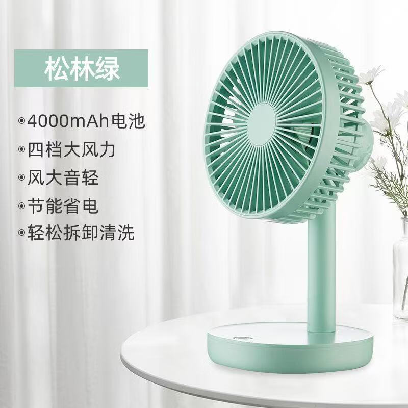 HYUNDAI韩国现代电风扇家用桌面风扇便携电扇静音折叠伸缩USB台式卧室办公室学生宿舍床头大风力 松林绿【充插两用+4000毫安】