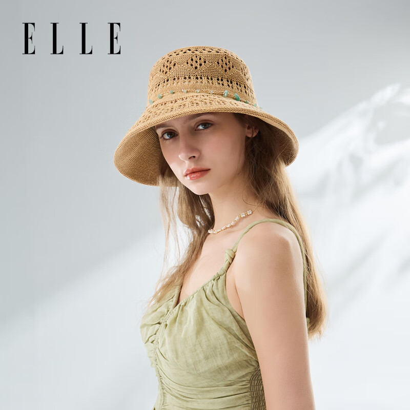 ELLE草帽女優(yōu)雅鏤空防曬遮陽帽戶外海邊太陽帽萊賽爾禮物送女友