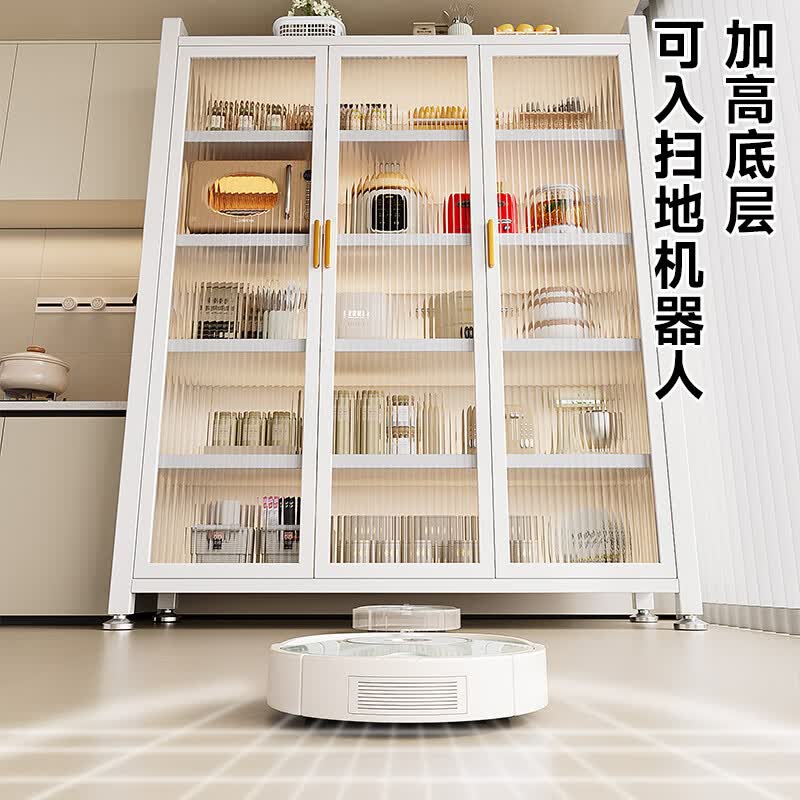美厨物语厨房置物架落地餐边柜多层收纳柜储物柜橱柜碗柜微波炉烤箱用具架 白【三开门】6层*120长/层高可调