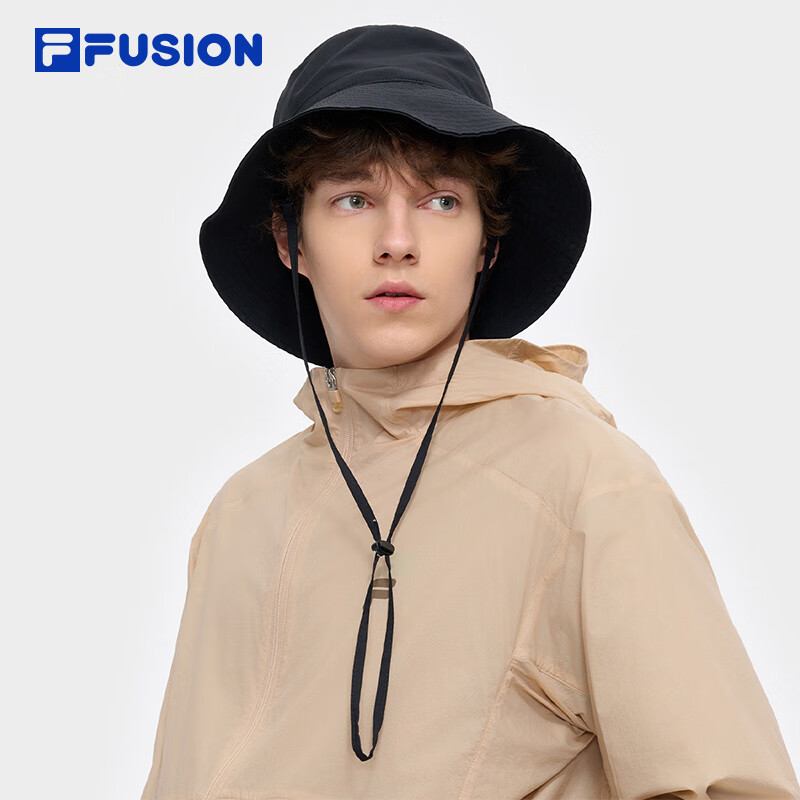 FILA FUSION斐樂潮牌情侶款圓帽2025夏新款時尚休閑防曬帽漁夫帽 深黑-BK S