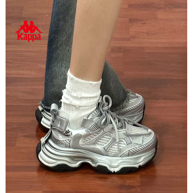 卡帕女鞋银色老爹鞋女2026夏季新款百搭厚底休闲鞋增高运动鞋子女 奥运灰 39
