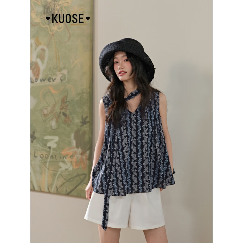 闊色黑色復(fù)古v領(lǐng)碎花飄帶無袖上衣女2025春夏季新款雪紡背心吊帶 黑色 S