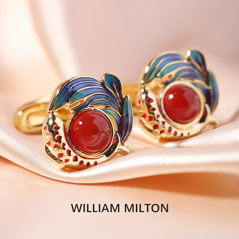 WILLIAM MILTON国潮鸿运锦鲤南红珐琅袖扣男士轻奢国风法式袖扣 游鲤衔春