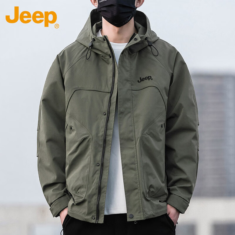 吉普（JEEP）夹克男士秋冬季冲锋外套宽松潮流工装连帽防风衣服男装 军绿 XL