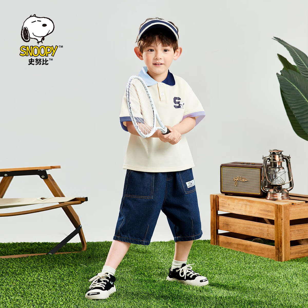 SNOOPY【兒童套裝】25年中大童短袖T恤透氣POLO衫牛仔短褲兩件套 K01米杏 160
